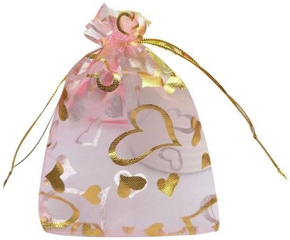 Organza zakjes 10 x 15 cm roze met gouden hartjes