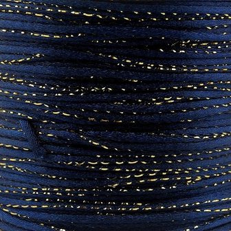 Satijn koord 2 mm donker blauw met goud draad