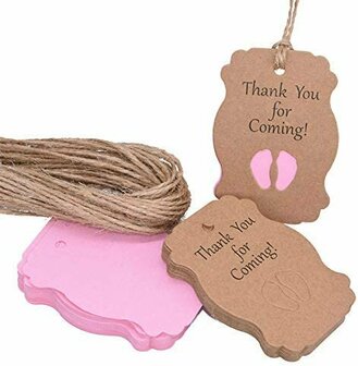 Kraft label thank you for coming roze babyvoetjes, dubbel label en hennep touwtje 10 stuks